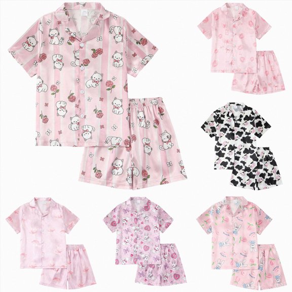 Splozh Girls Pajamas 4-14 Years Girls Breathable Silk Pajamas Short Sleeved Home Clothes Cute Pattern Pajama Set,7-8 Years,7-8 Years
