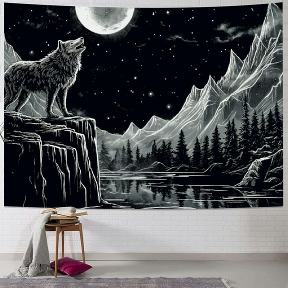 Shiartex  Mountain with Wolf Tapestry Black and White Aesthetic Tapestry Wall Hanging Moon Starry Night Tapestries Forest Tree Nature Landscape Wall Tapestry for Bedroom Home Decor 40x30inch