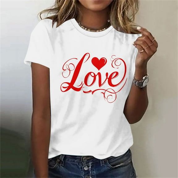 Goodtrade8 Crew Neck Womens Shirts Valentines Day Plus Size Ladies Valentines Day Short Sleeve Pullover Heart Love Printed Shirts for Women