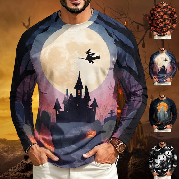 GrmtClth Mens Shirts Halloween Vintage Scary Raglan Sleeve Pumpkin Ghost Witch Tree Bat Holiday Long Sleeve Tops Purple XL