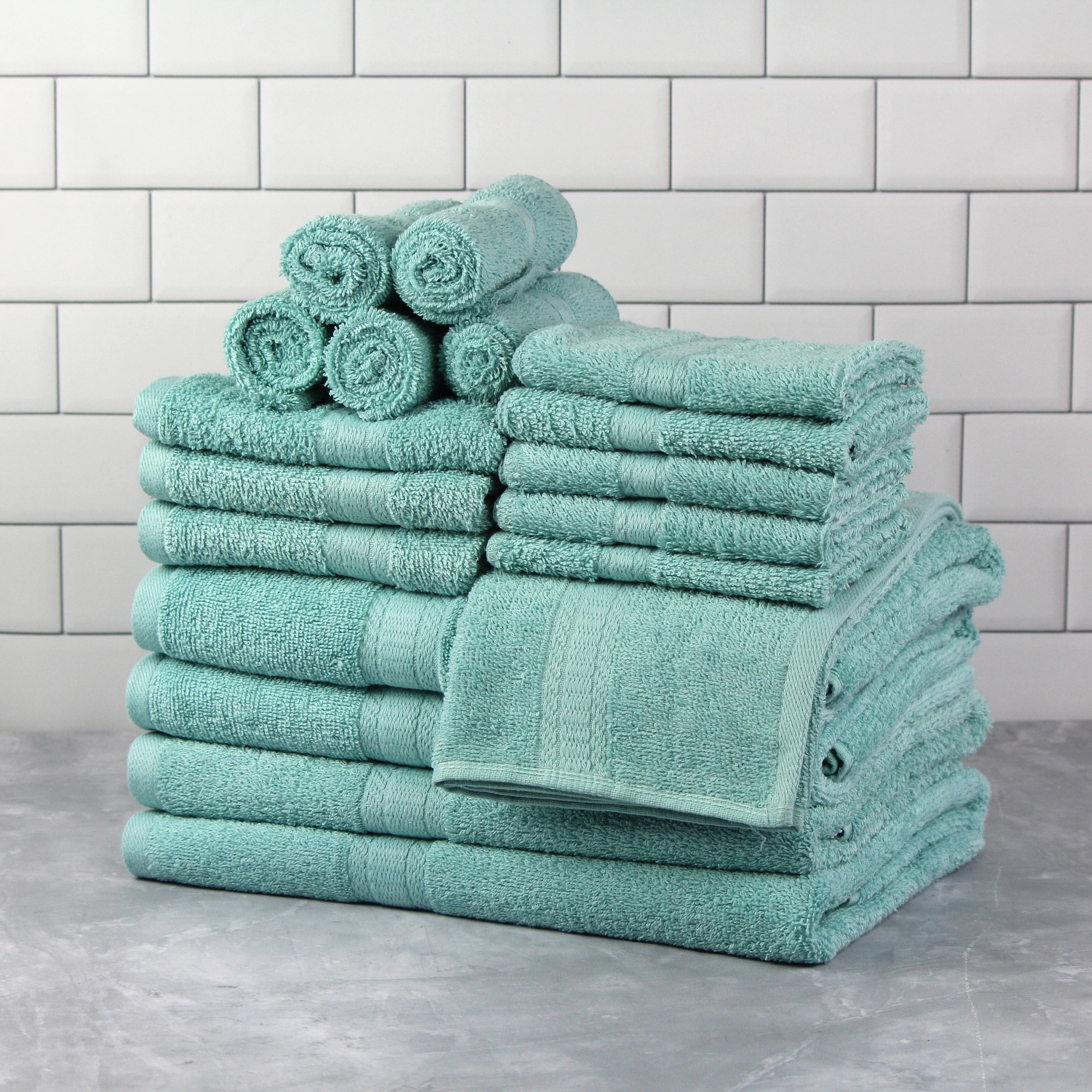 Mainstays 18 Piece 100% Cotton Towel Set, 4 Bath , 4 Hand and 10 Washcloths, Super Soft and Highly Absorbent Basic Solid Towel Set for Bathroom, Hotels, Spa and Gym – Aqua