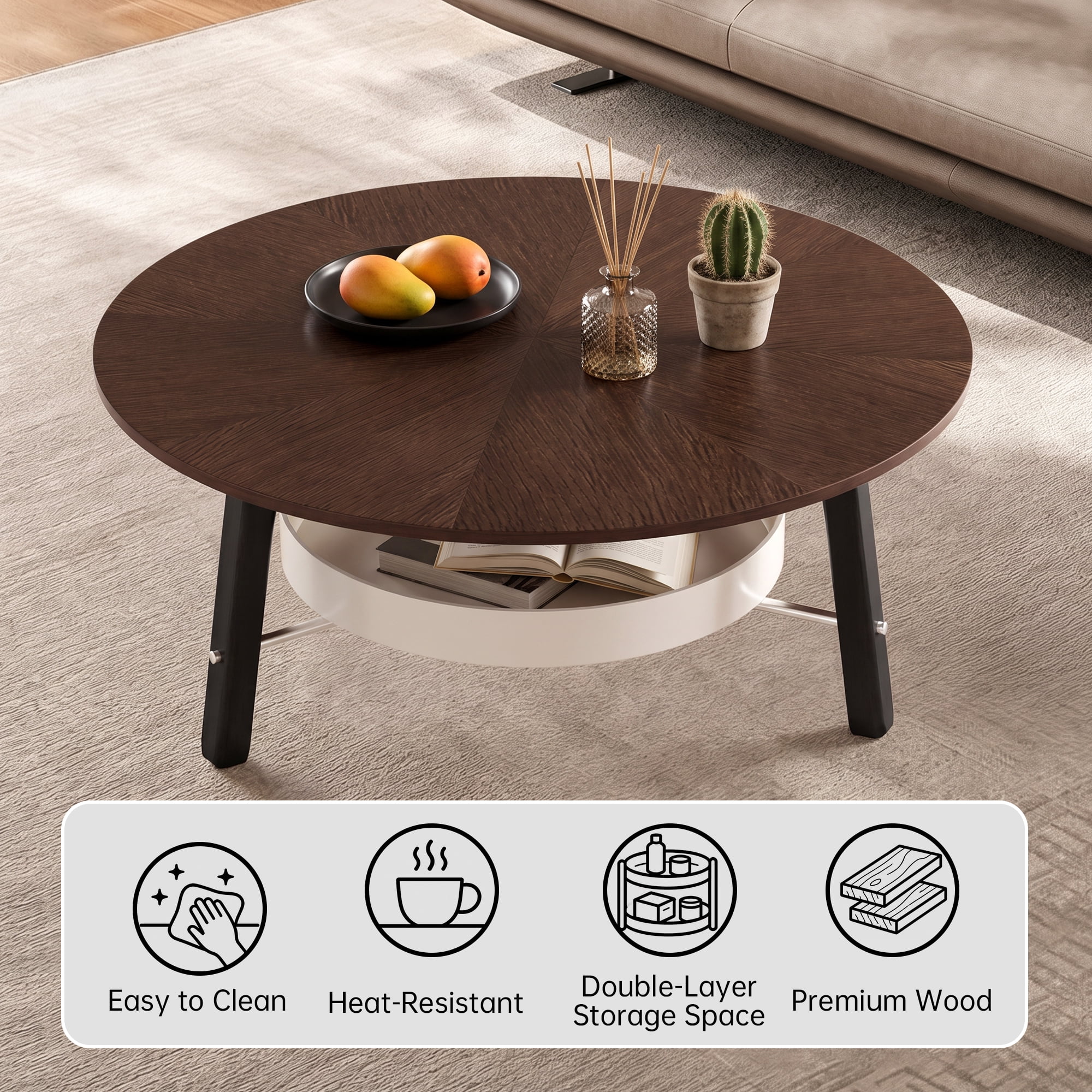 Coffee Table 35.43 Inch, Round Center Table with Storage Shelf and Black Wood Legs, Modern Accent Table for Living Room and Small Spaces, Walnut
