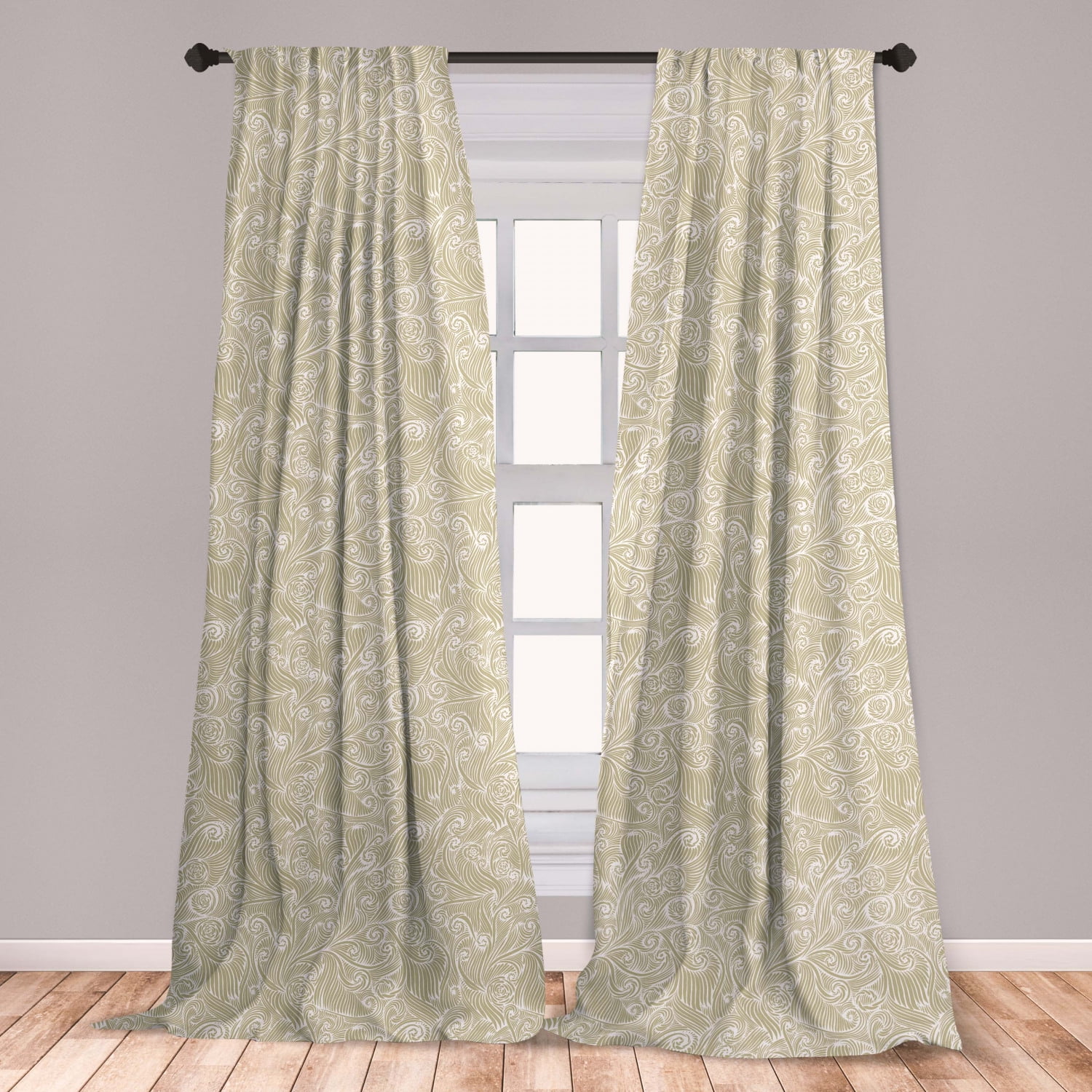 Vintage Curtains 2 Panels Set, Antique Abstract Swirls and Curves with
