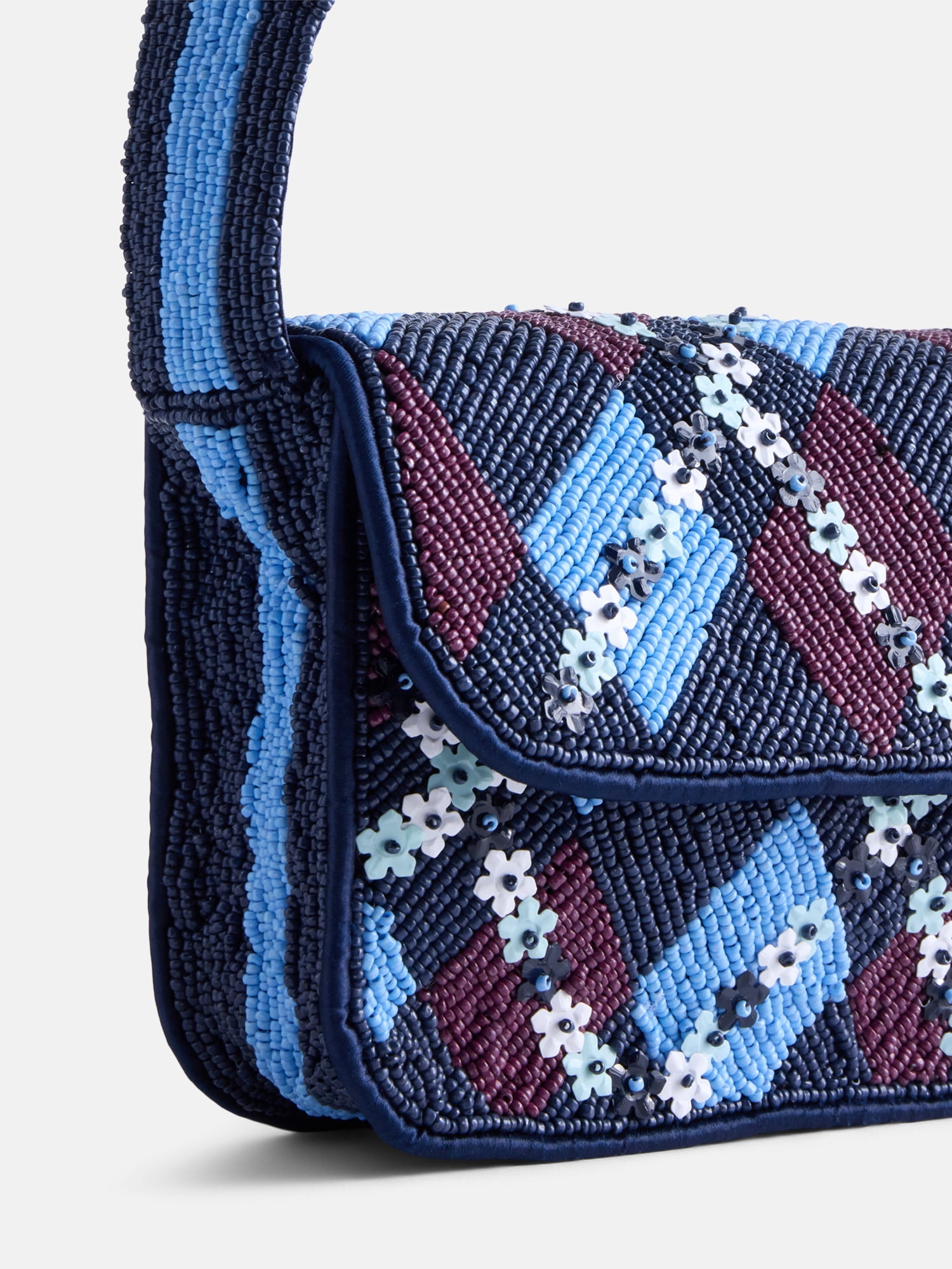 Free Assembly Women's Beaded Argyle Flap Shoulder Bag, Blue