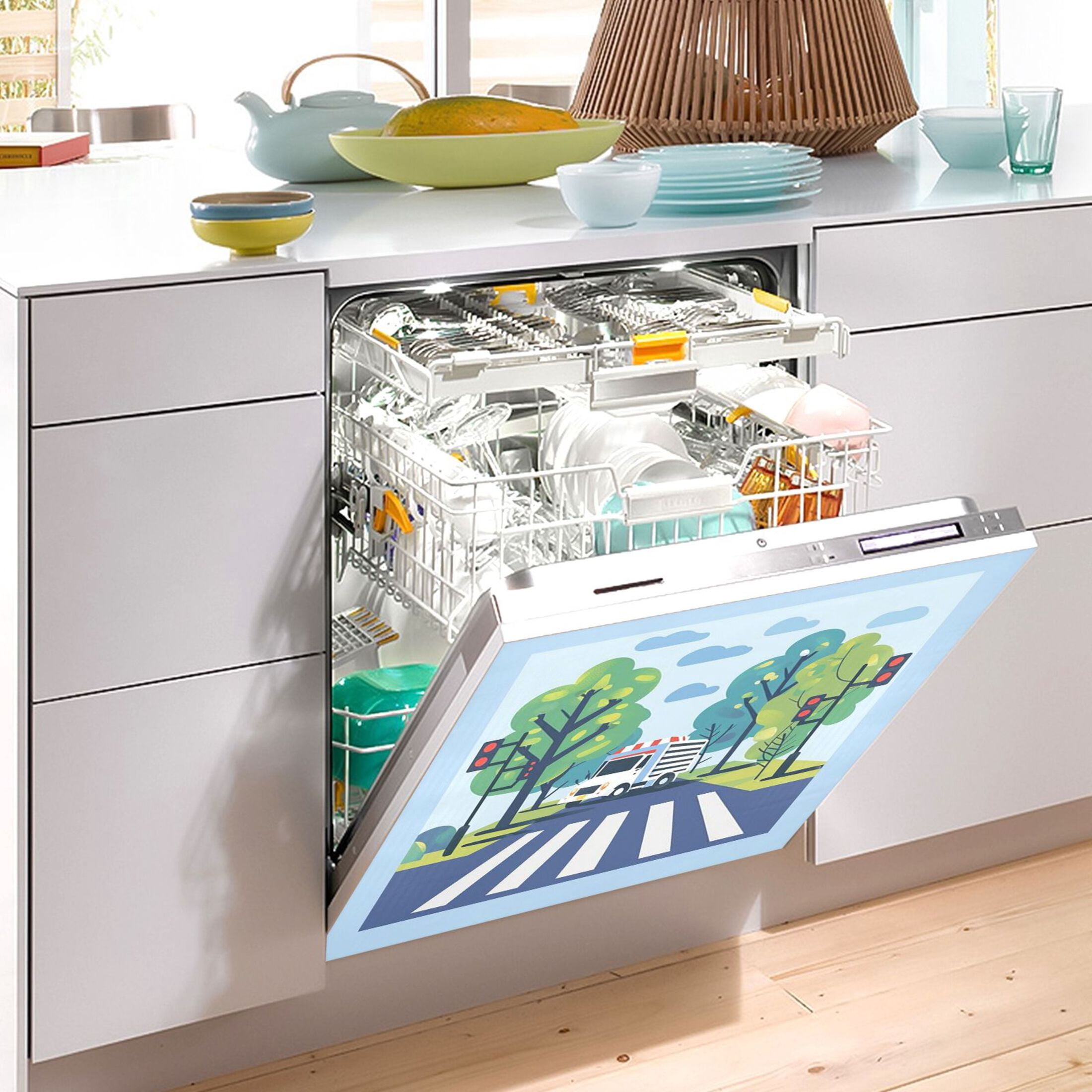 Dishwasher Magnetic Sticker 23x26 Inch Refrigerator Magnetic Sticker Washing Machine Magnetic Sticker Kitchen Panel Magnetic Sticker Home Decor White Zebra Crossing and White Cars