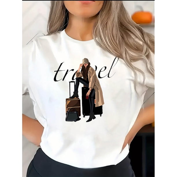Camisetas de manga corta con estampado para niñas y niñas, de algodón, cómodas para uso diario, playera simple de veranoCreative Travel Girl Pattern Printed Women'S Fashionable Round Neck Short Slee