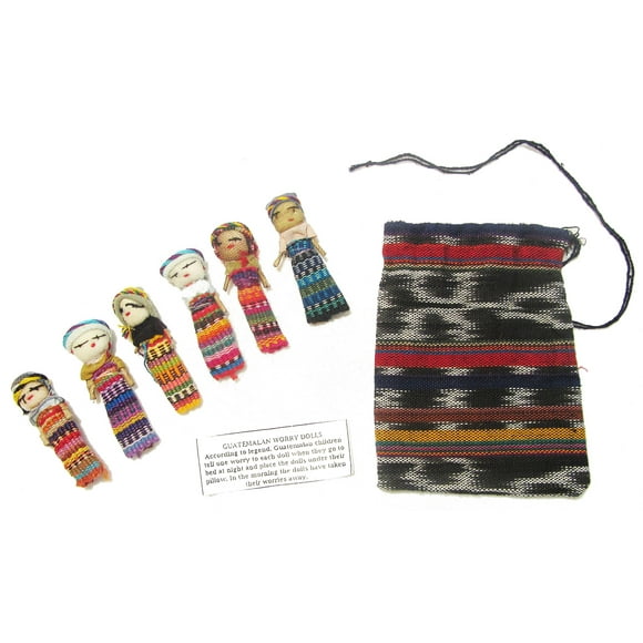 Handmade Guatemalan Worry Dolls - Six Large Dolls with Pouch, Each 1.5-2 Inches Tall, Colors & Designs Will Vary