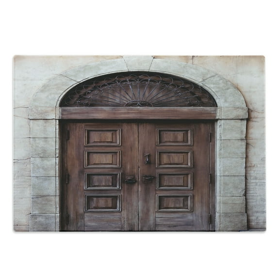 Rustic Cutting Board, Arched Wooden Venetian Door with Eastern Royal Ottoman Elements European Culture, Decorative Tempered Glass Cutting and Serving Board, Large Size, Brown Cream, by Ambesonne