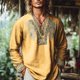 thumbnail image 1 of Seeotter Men's Henley Shirt Long Sleeve African Print Embroidered Gauze Shirts Casual V Neck Cotton Linen Beach Hippie Shirt, 1 of 7