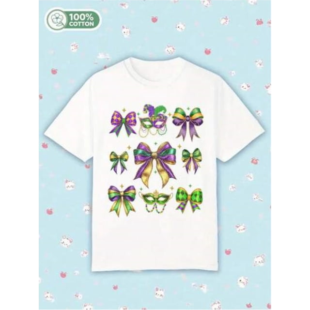 Mardi Gras T-Shirt With Purple, Green & Golden Bows, Teens & Adults (Ages 3-13+) - Soft Crewneck Tee For Tuesday, New Orleans Carnival Parties - Machine Washable Unisex Festival Shirt, Cultural Celeb