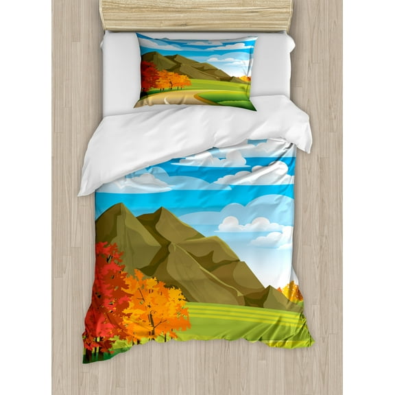 Cloud Twin Size Duvet Cover Set, Autumn Road with Warm Colored Leaves Mountains and Grassland Cartoon Style Nature, Decorative 2 Piece Bedding Set with 1 Pillow Sham, Multicolor, by Ambesonne