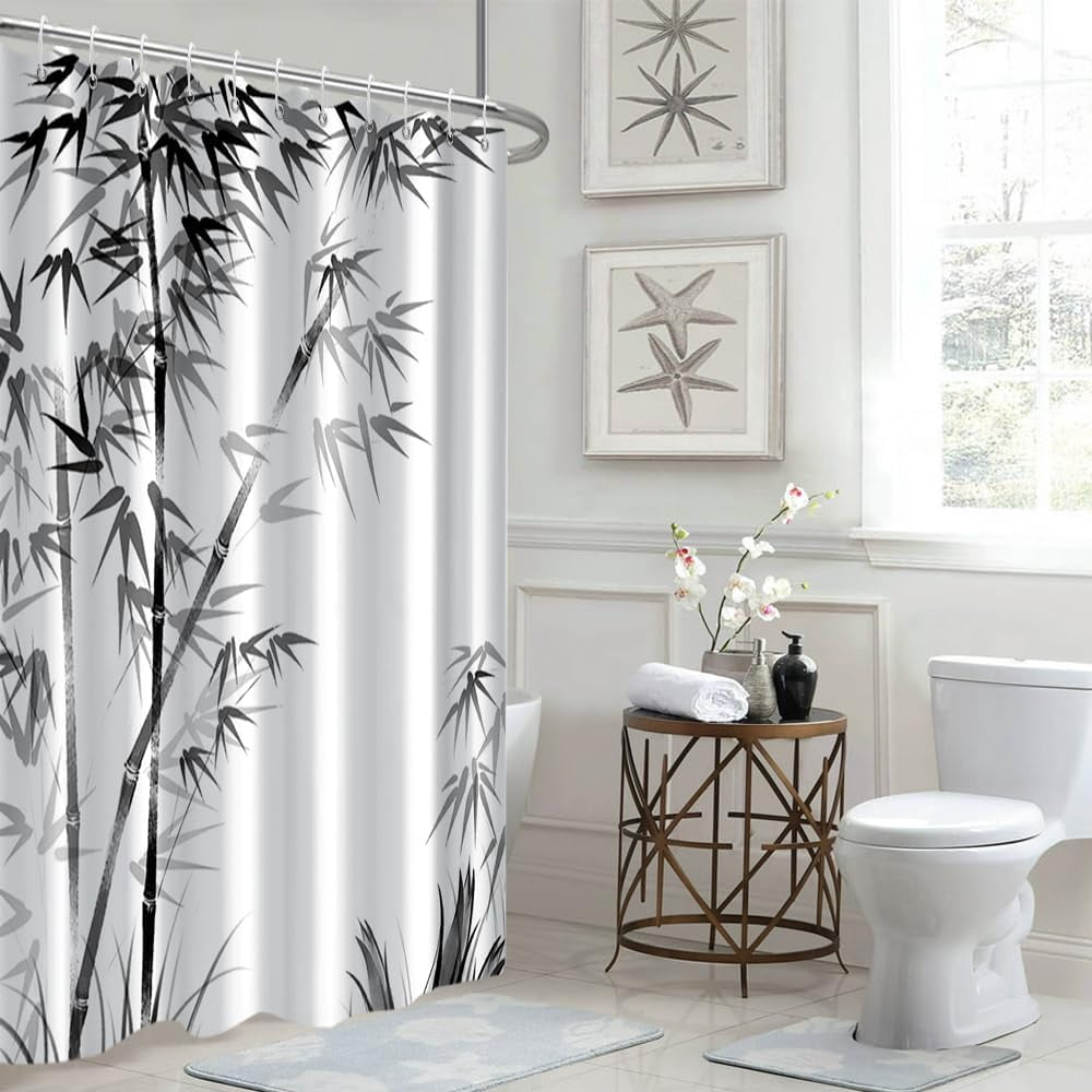 Bamboo Shower Curtain, Aesthetic Ink Bamboo Shower Curtain for Bathroom Waterproof Fabric Black and White Shower Curtain Set with Hooks, 72x84 Inch