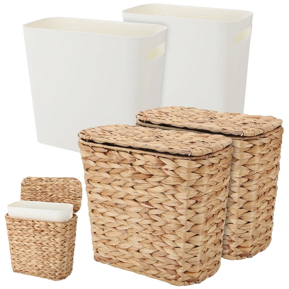 Topekada 2 Pack Wicker Trash Cans with Removable Lids and Liner, 2.5 Gallon Handmade Woven Waste Baskets with Plastic Liner, Garbage Wastebaskets for Kitchen Bathroom Bedroom