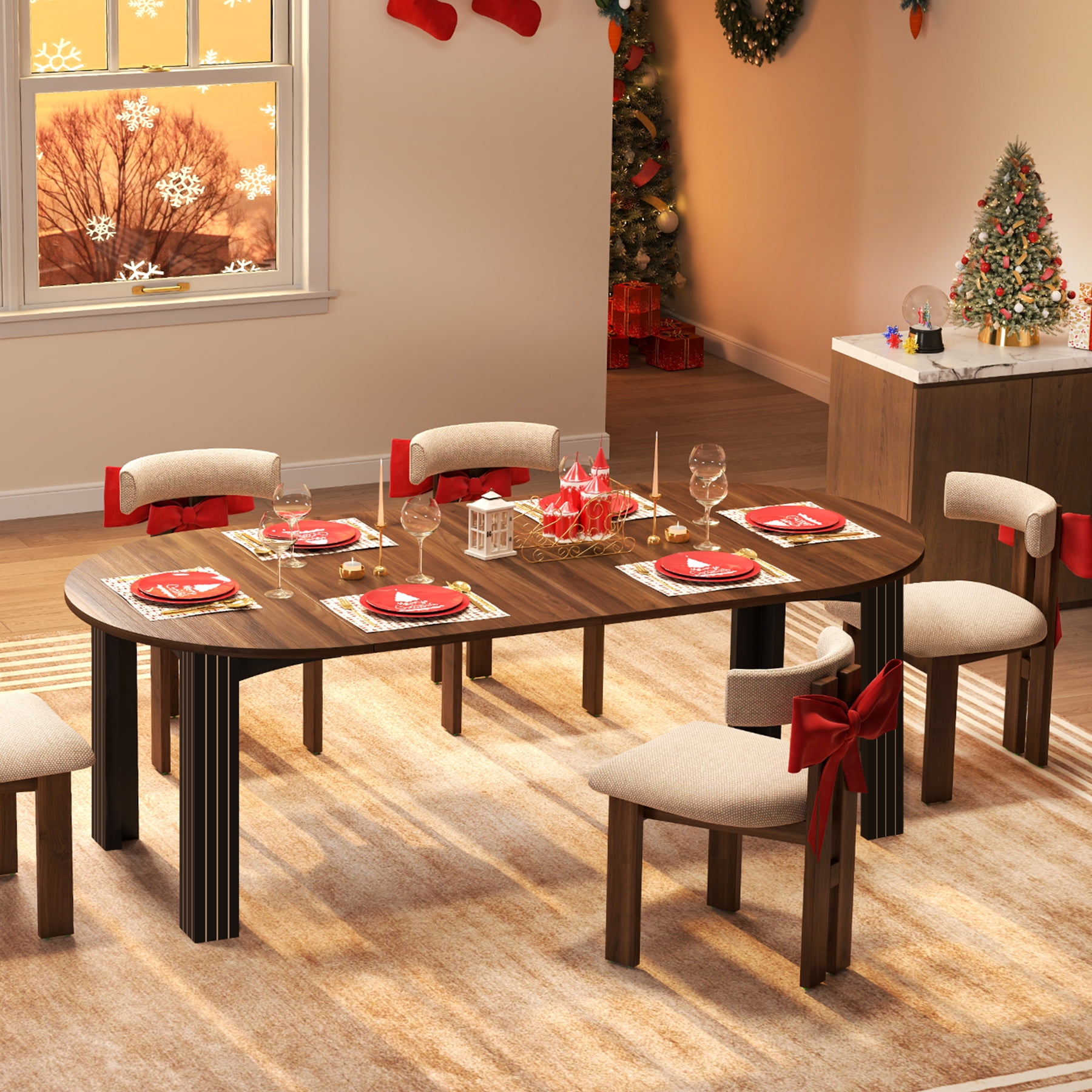 43-78 Inch Extendable Dining Table for 6-8 People, Modern Farmhouse Wood Kitchen Table with Oval Wooden Top and 2 Removable Leaves for Living Room, Breakfast, Restaurant, Dining Room(Walnut)