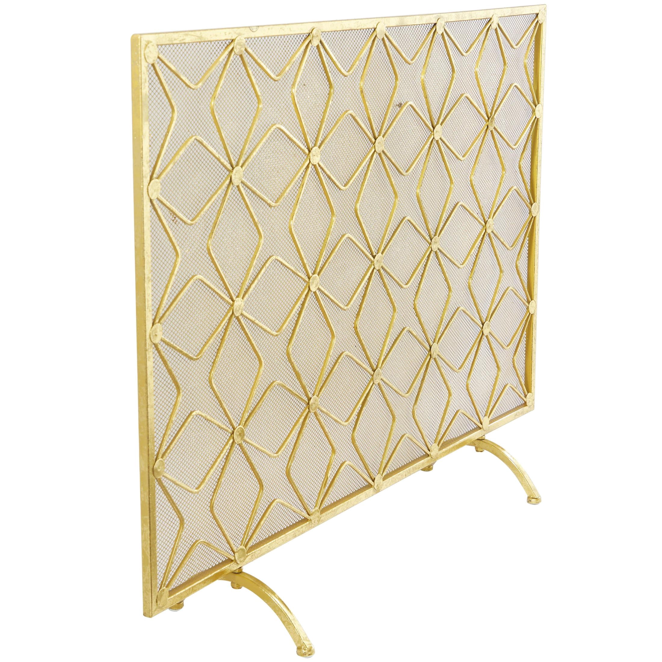 DecMode 38" x 28" Gold Metal Star Patterned Single Panel Geometric Fireplace Screen with Mesh Netting, 1-Piece