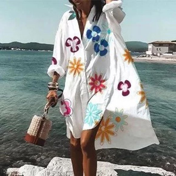 FcBaudy Long Sleeve V-Neck Ankle Dress,Spring Dresses for Women,Womens Dresses Fashion Women V-Neck Long Sleeve Printed Irregular Shirt Long Dress Women Dress