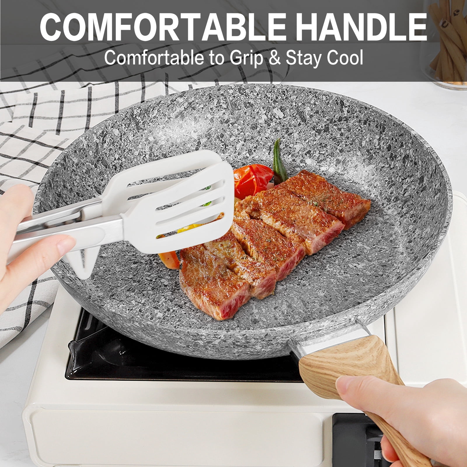 Koch Systeme CS 12" Grey Non-stick Granite Stone Frying Pan with Lid, Oven Safe & All Stovetop Compatible