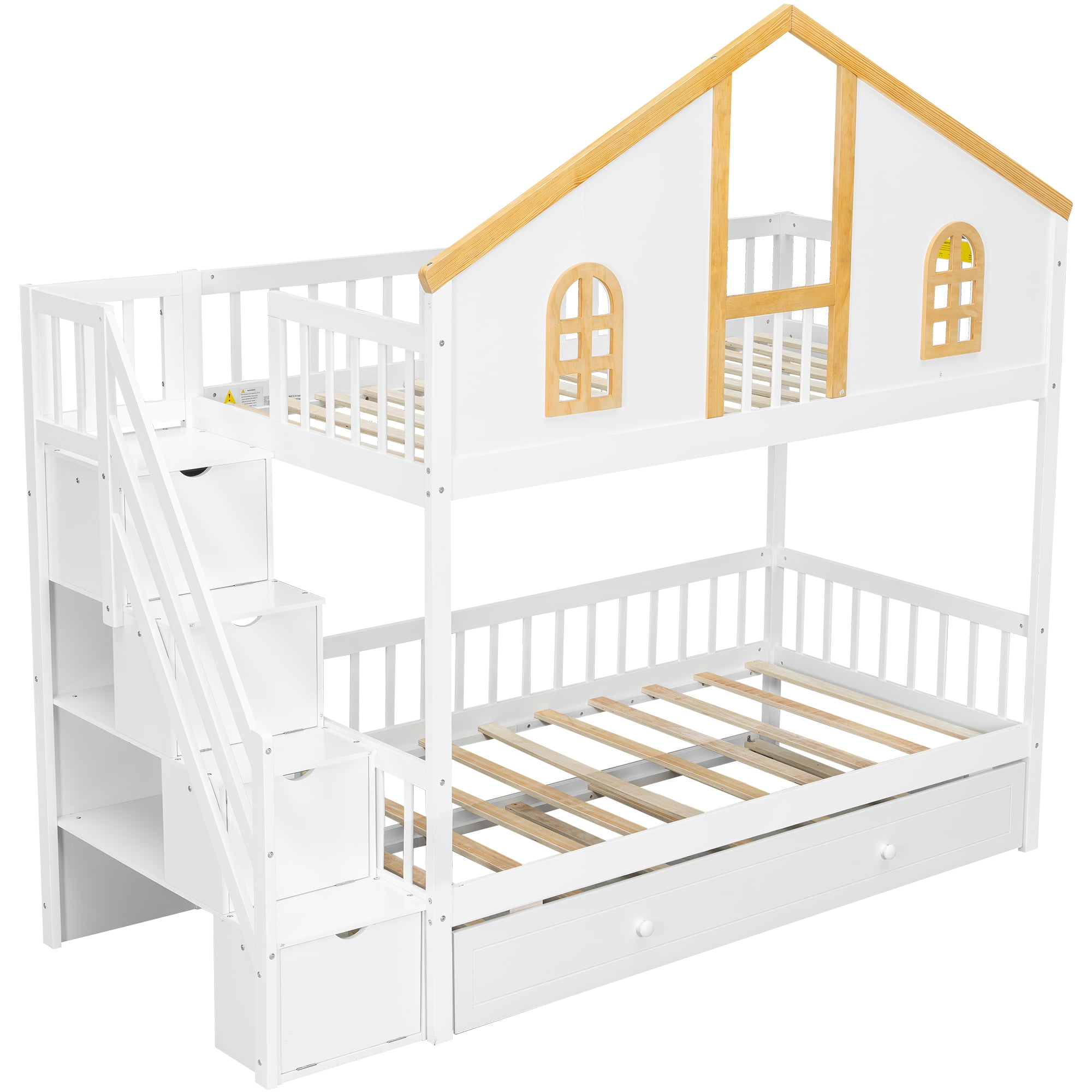 Euroco Wood Twin over Twin Bunk Bed with Trundle, House Bed with Storage Staircase, White