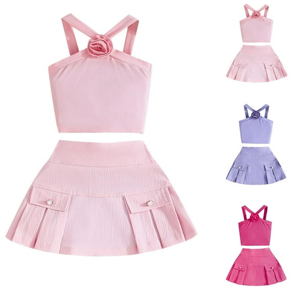 Swuxness Girls 2-Piece Outfits Suits Sleeveless Solid Tank Tops with Skirt Summer Casual Wear