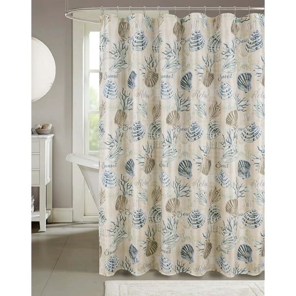 Serafina Home Navy Blue Taupe White Fabric Shower Curtain for Bathroom: Tropical Coastal Shells Coral Design