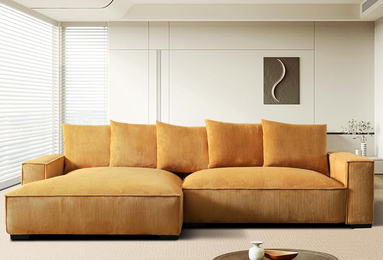 106.7-Inch L Shaped Loveseat and Chaise, Luxe Large Two-Piece Right Facing Sectional Sofa for Living Room,Upholstered with Corduroy Fabric, Left Facing, Ginger