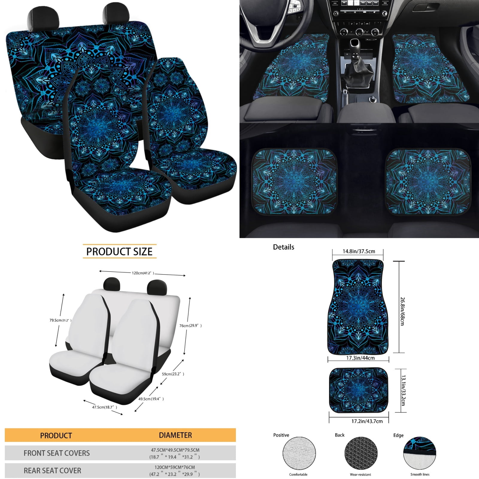 Yuyamidu Blue Front Back Car Seat Covers Full Set of 15 Boho Flower Blossom Car Floor Mats Steering Wheel Cover Seat Belt Cover Gear Shift Knob Cover Handbrake Cover Coasters Auto Accessories