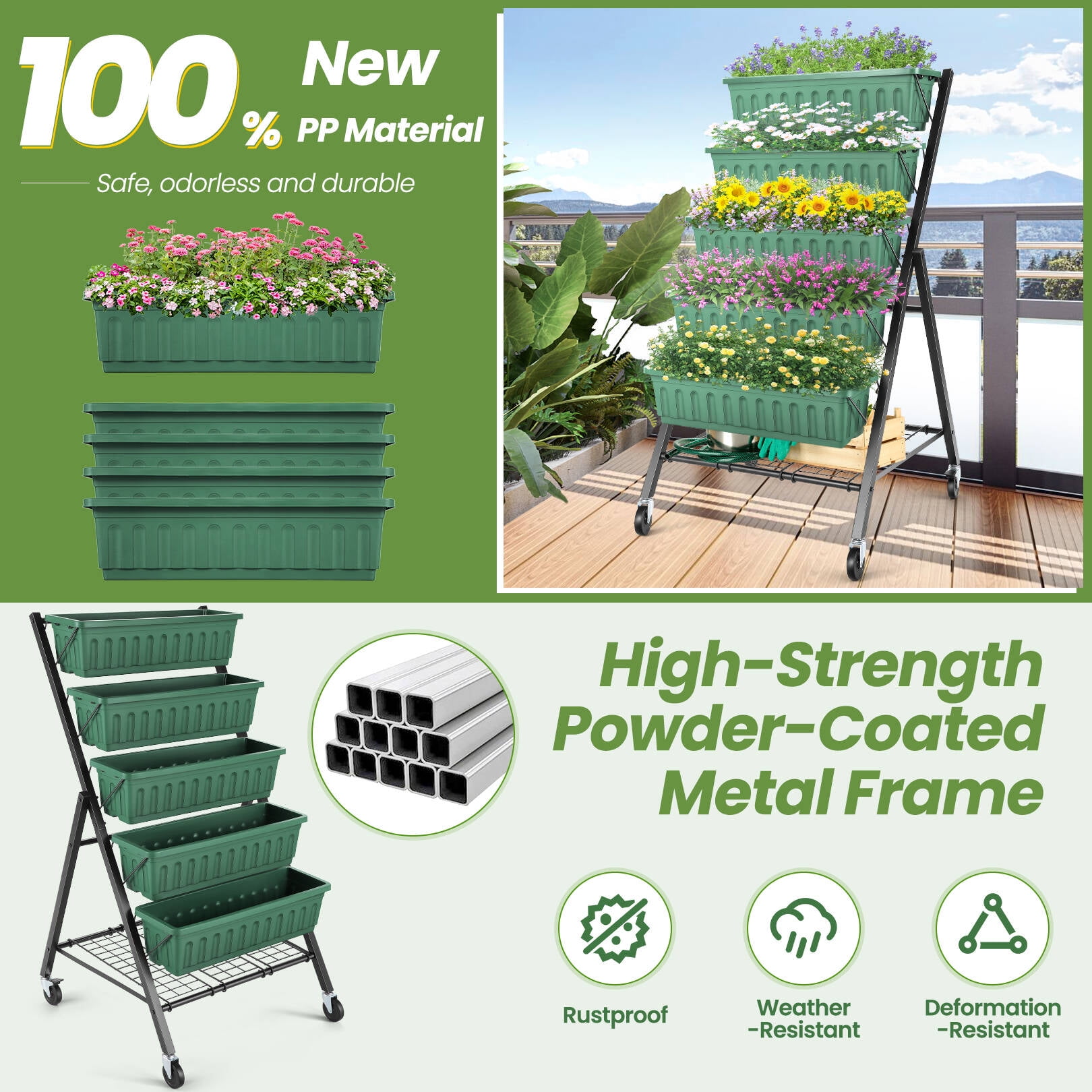 Funcid 4 ft Vertical Garden with Removable Locking Wheels 5-Tier Raised Garden Bed Planter Box for Patio Outdoor Planting Flower Herb Freestanding Garden Planter with Storage Shelf Green, 30"×26"×48"