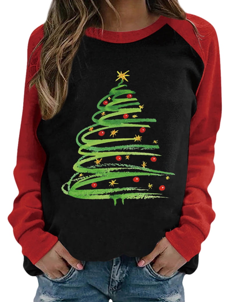 Nlife Women Christmas Tree Graphic Print Raglan Long Sleeve Round Neck ...