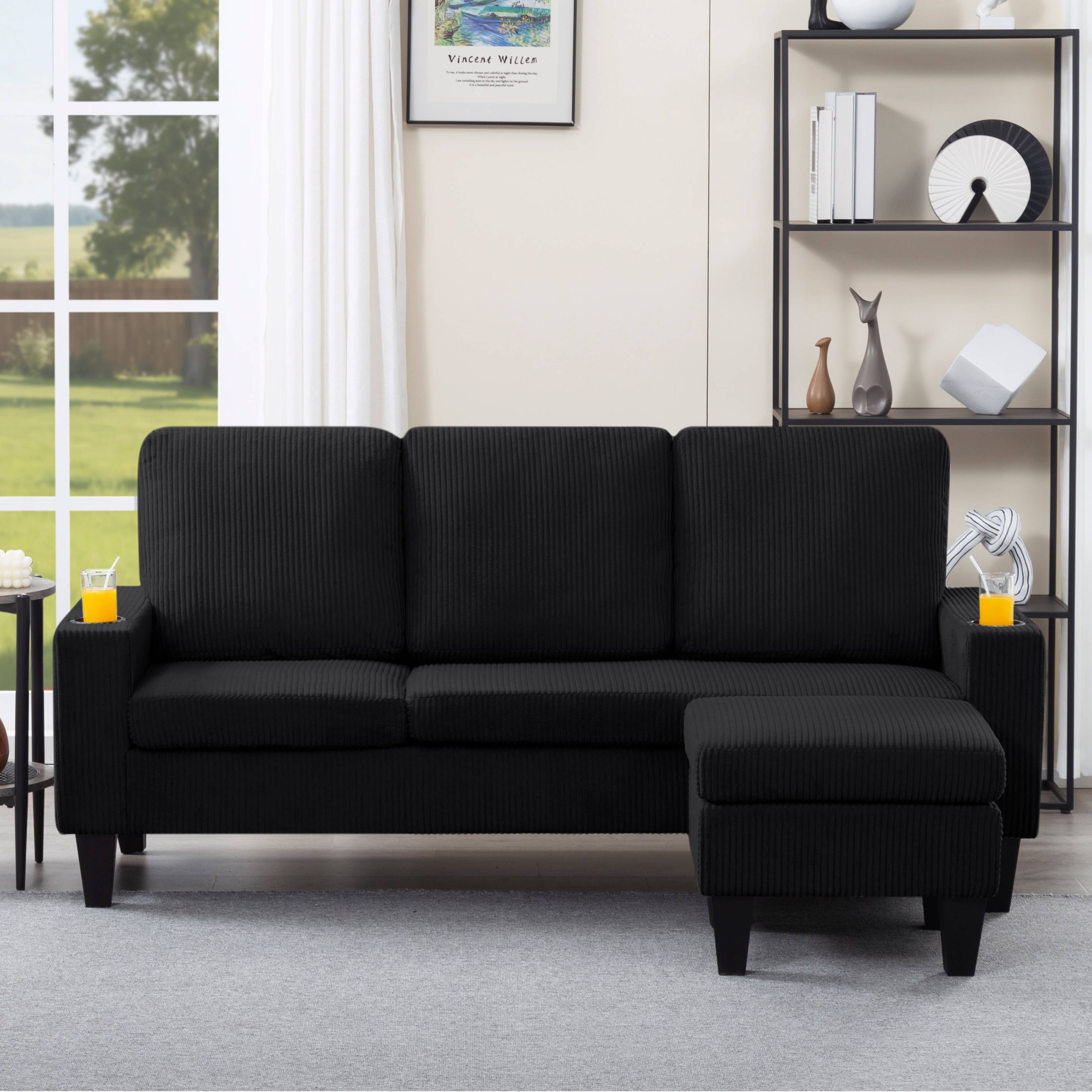 BSHTI 69.88 inch Modern Style Sectional L-Shaped Sofa Couch, 3-seater Sofa Couch with movable ottoman for Livingroom,Black