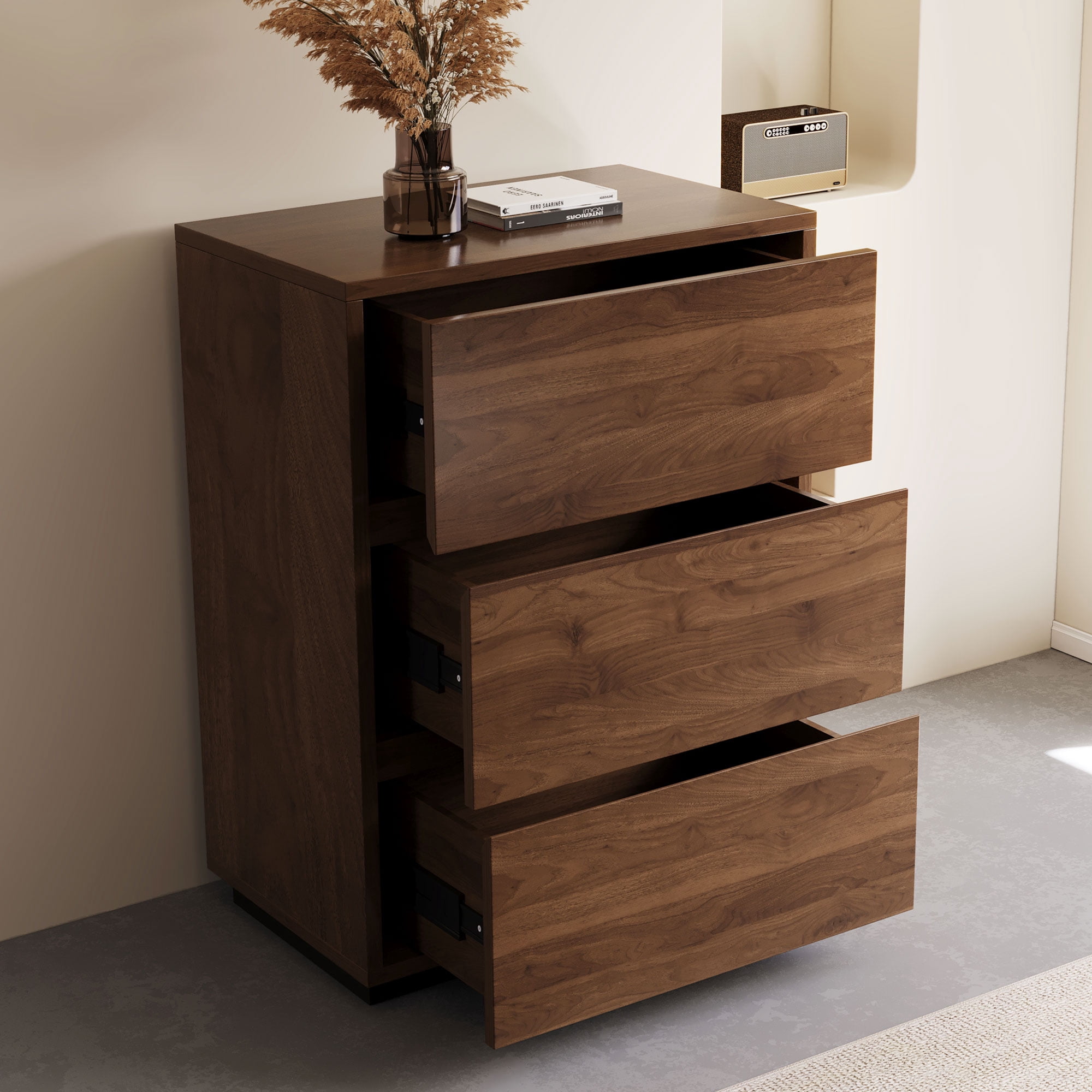 NessCarsti Modern Storage Cabinet with 3 Drawers and Shelves, Walnut Brown, 23.62"