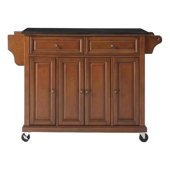 Pemberley Row Granite Top Classic Cherry Kitchen Cart Rectangular Adjustable Shelves Mobile