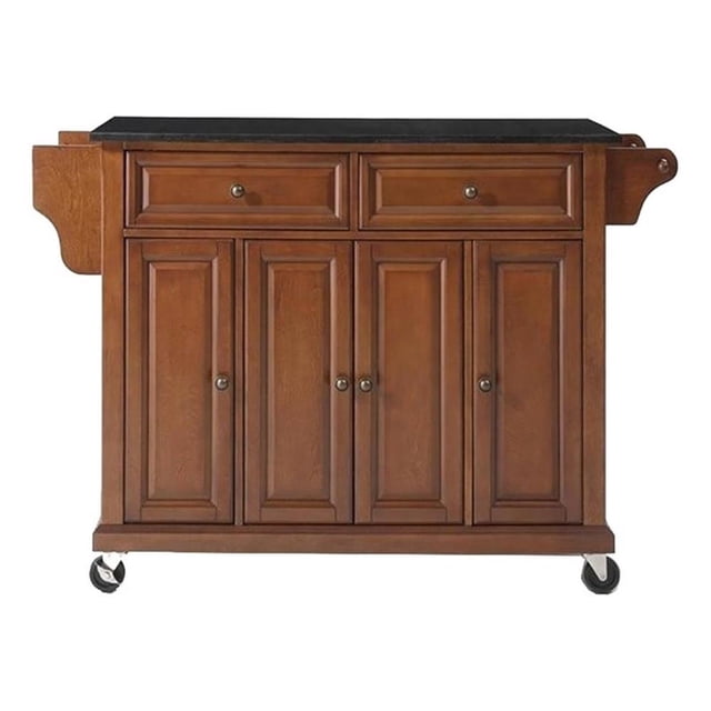 Pemberley Row Granite Top Classic Cherry Kitchen Cart Rectangular Adjustable Shelves Mobile