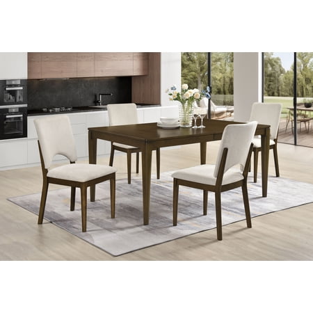 Contemporary 5pc Extendable Dining Set Table and 4x Upholstered Chairs Light Beige Self Storing Leaf Wooden Furniture