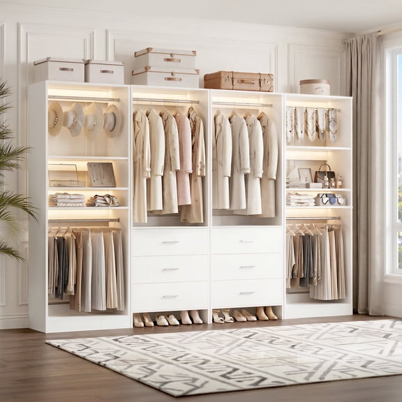 Homieasy 98'' W 4 Piece Closet Organizer System, Walk in Closet Storage System with 6 Drawers & Hanging Rods for Closet/Bedroom, White