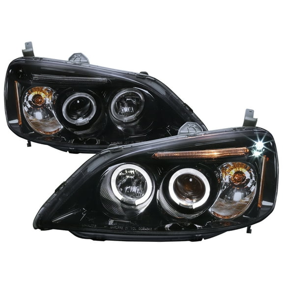 Spec-D Tuning LED Halo Glossy Black Housing Smoke Lens Projector Headlights Compatible with 2001-2003 Honda Civic 2/4 Door, Left   Right Pair Headlamps Assembly