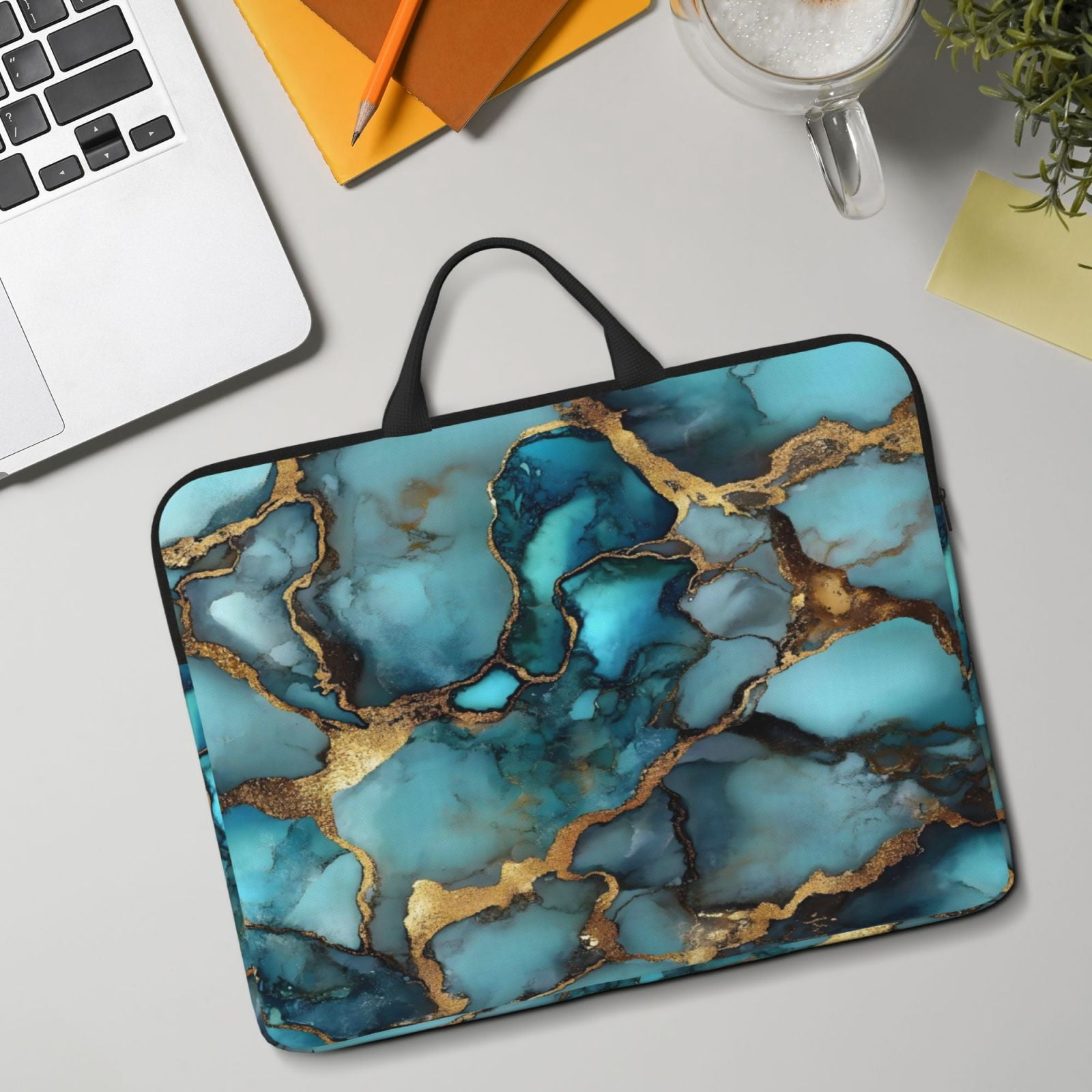Laptop Sleeve Bag For Women Men 14inch Waterproof Durable Protective Computer Carrying Cover Handle Laptop Case Bag Teal Gold Marble