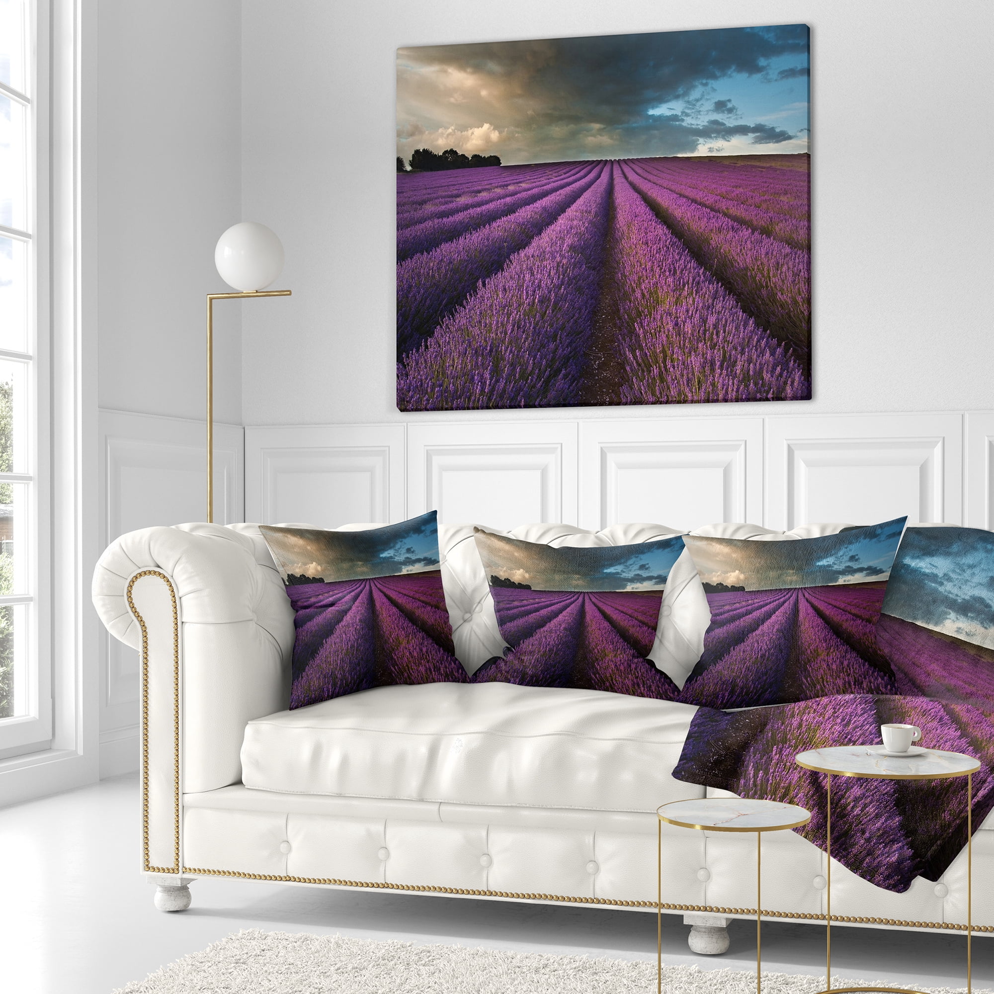 Designart Lavender Field and Dramatic Sky - Floral Throw Pillow - 18x18