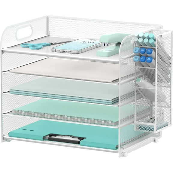 INTIGE 5 Tier Desk File Organizer with Handle and Pen Holders, Mesh Paper Organizer, White, 1 Pcs