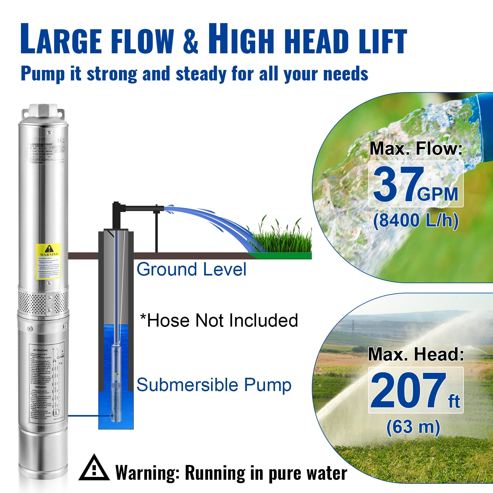 KFFKFF Deep Well Submersible Pump, 1HP/750W 115V/60Hz, 37GPM Flow 207 ft Head, with 33 ft Electric Cord , Irrigation & Home Use, IP68 Waterproof Grade , 4 inch Stainless Steel Water Pumps