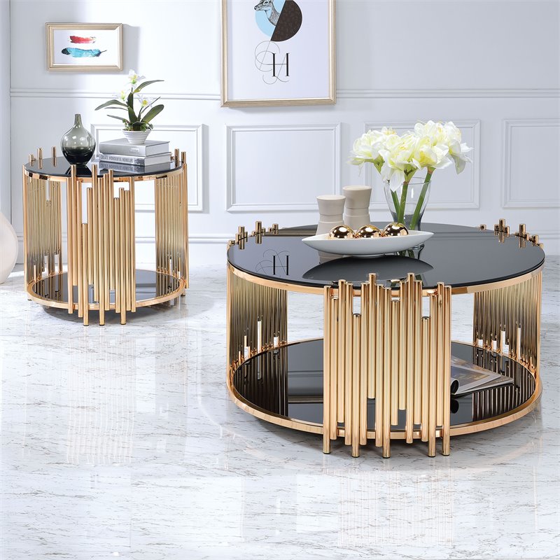 Bowery Hill End Table in Black Glass and Gold
