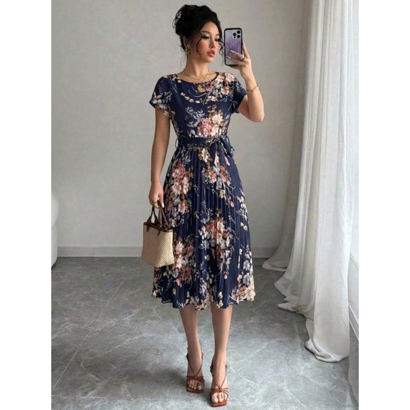 Navy Blue Floral Pleated Midi Dress With Short Sleeve Crew Neck And Tie Waist