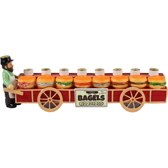 Zion Judaica Bagels and Lox Menorah - Merchant and Sandwiches Cart Collectible Candle Menorah - Fits Standard Size Hanukkah Candles