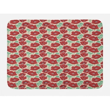 Floral Bath Mat, Watercolor Effect Poppy Flowers and Capsules Illustration, Plush Bathroom Decor Mat with Non Slip Backing, 29.5" X 17.5", Almond Green Vermilion, by Ambesonne