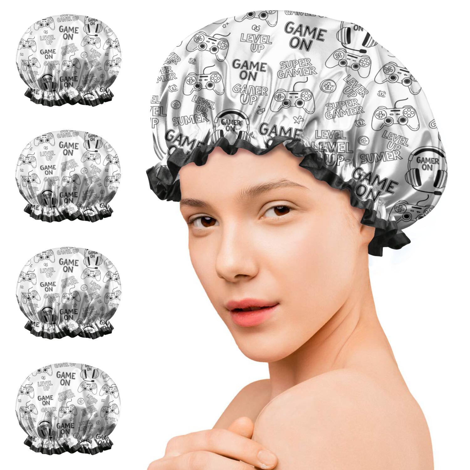 Shower Caps,Black Controllers Games Icons White Pattern Waterproof Shower Cap for Women 4 Pieces,Double Reusable Hair Cover for Shower PEVA Elastic Stretch Hem