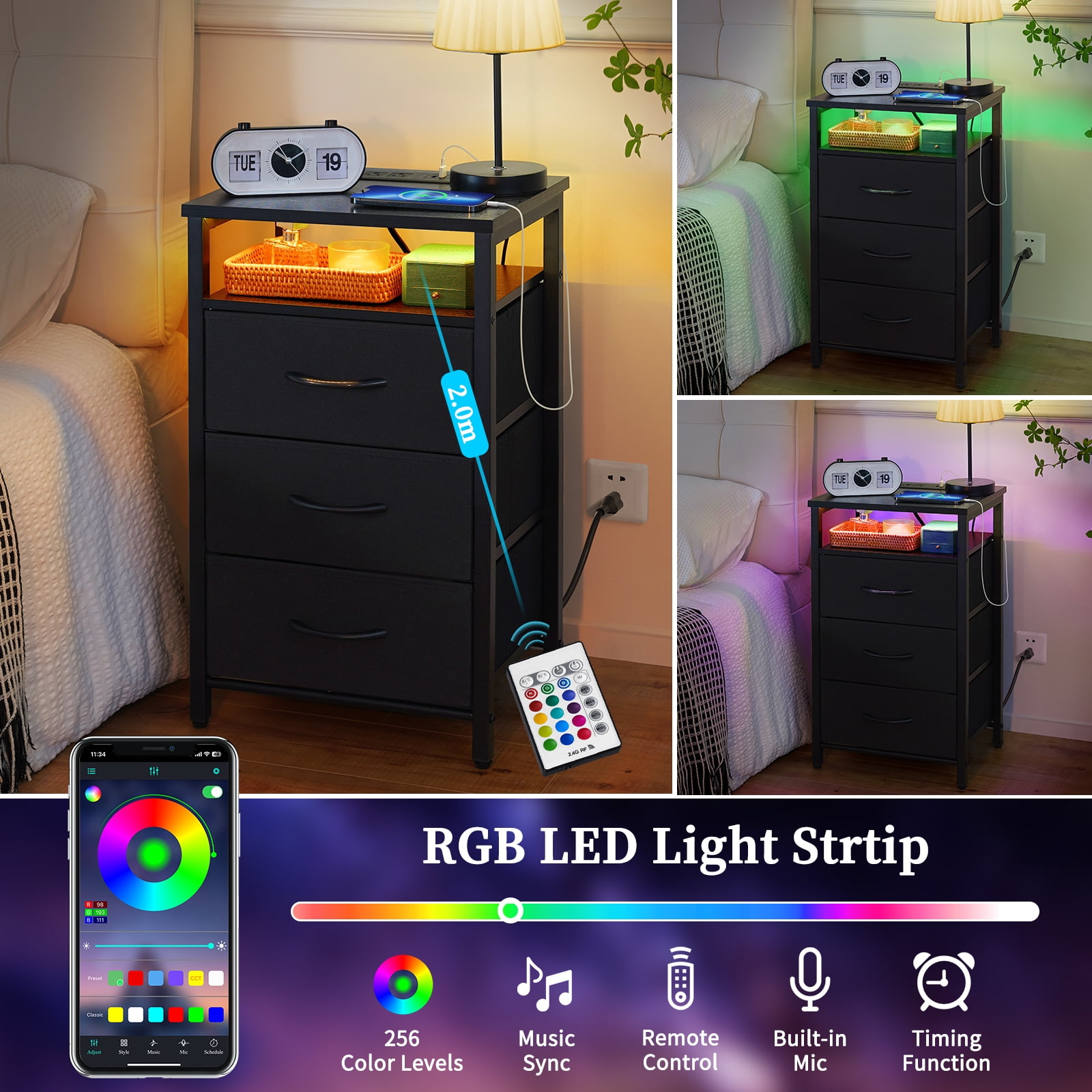Night Stand with Charging Station, LED Nightstand with USB Ports and Outlets, End Table with Fabric Drawers and Storage Shelf, Black