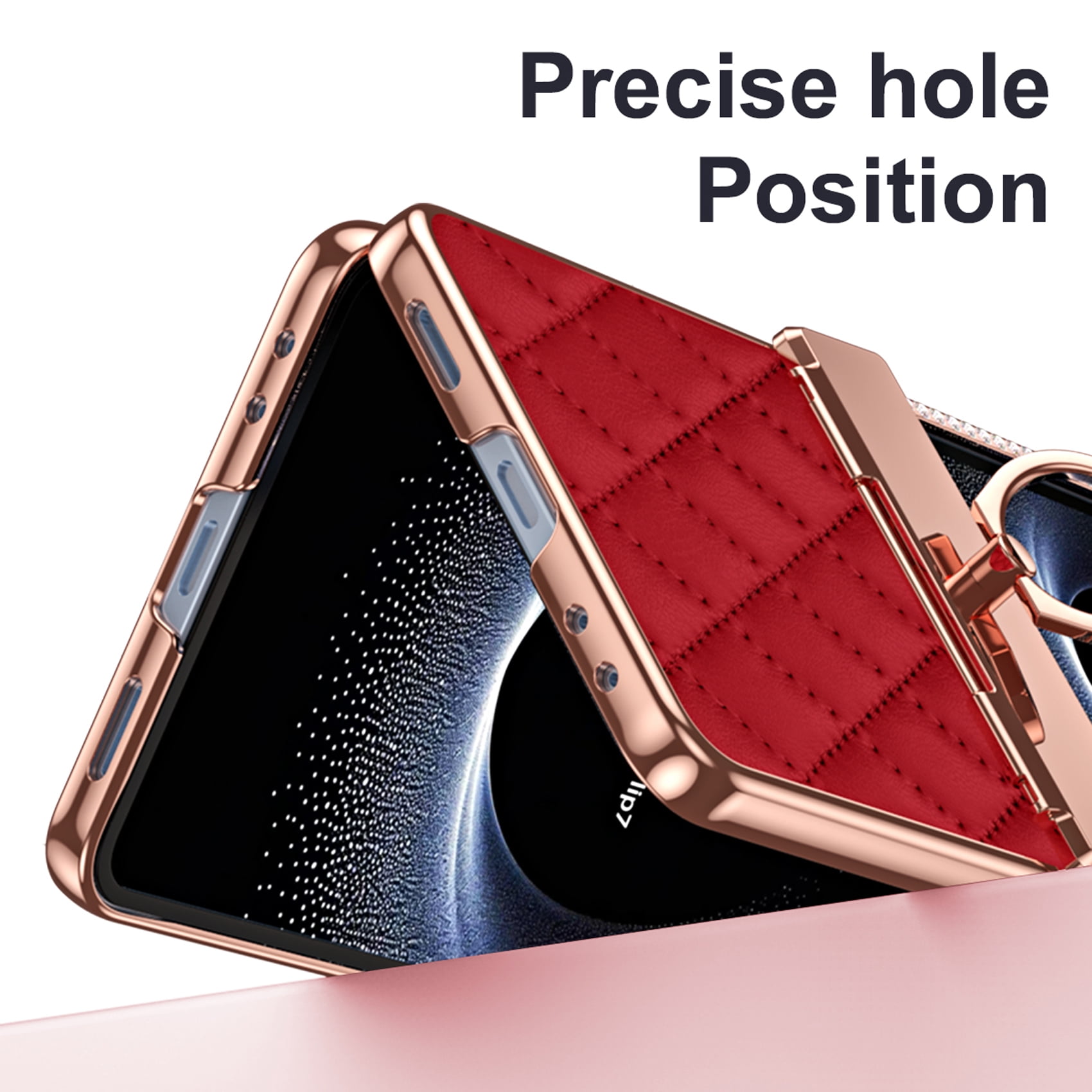 for Samsung Galaxy Z Flip 7 Case Hinge Protection with Finger Ring Holder, Premium PU Leather Hybrid PC All-Inclusive Diamond Bling Phone Case for Samsung Galaxy Z Flip 7 5G, Red