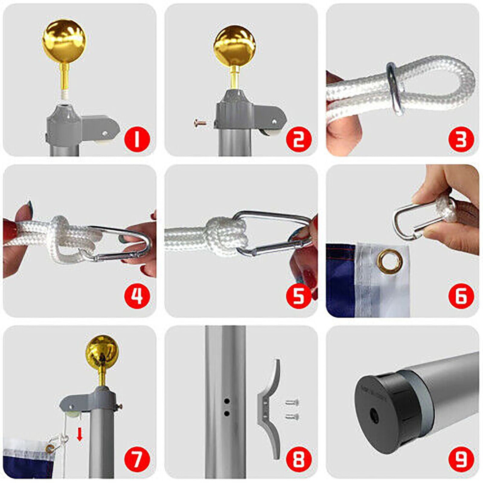 20 ft Aluminum Flag Pole Sectional Flagpole Kit Heavy Duty 3'x5' US Flag, Silvery