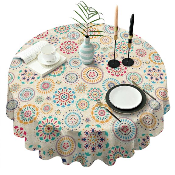 Round Waterproof Tablecloth 60×60 Inch, Boho Style Reusable Indoor/Outdoor Durable Table Cover for Party Kitchen Dinner Room Decor