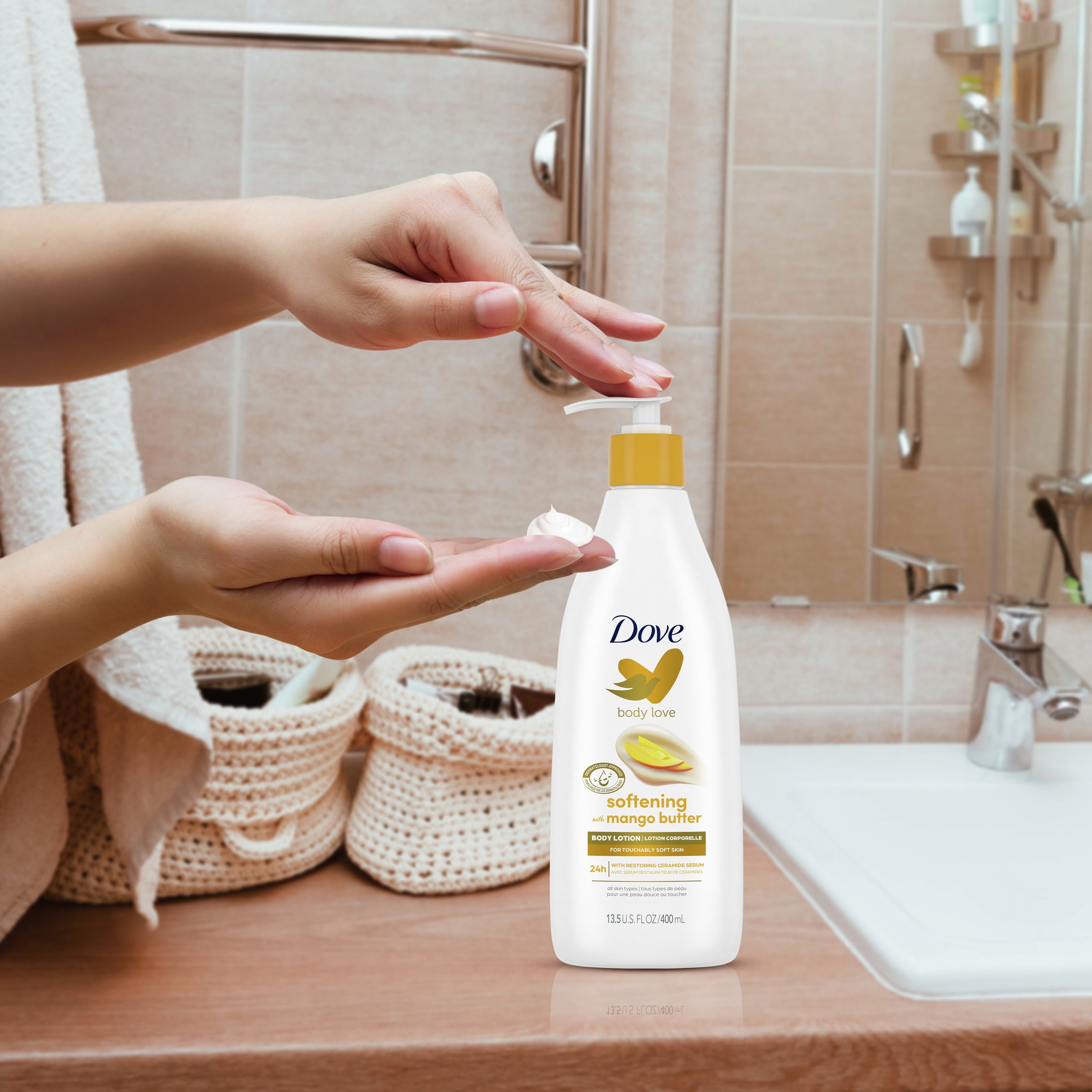 Dove Body Love Glowing Care Body Lotion For Women, Mango & Almond Butter Hydrates and Absorbs Quickly 13.5 oz