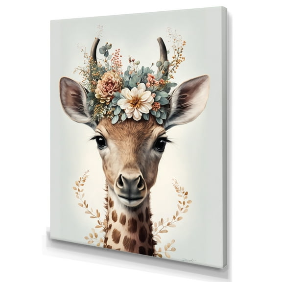 Designart Cute Baby Giraffe With Floral Crown I Canvas Wall Art